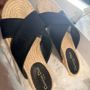 Dior Black Canvas Crisscross Espadrille Slides